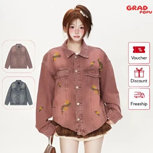 Áo khoác denim GRADPOPU thu đông thêu hoa phong cách đường phố Mỹ thời trang dáng rộng AK205
