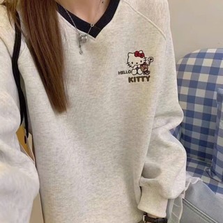 Áo sweater cổ tim form rộng in họa tiết 9 hình hello kitty dành cho nữ