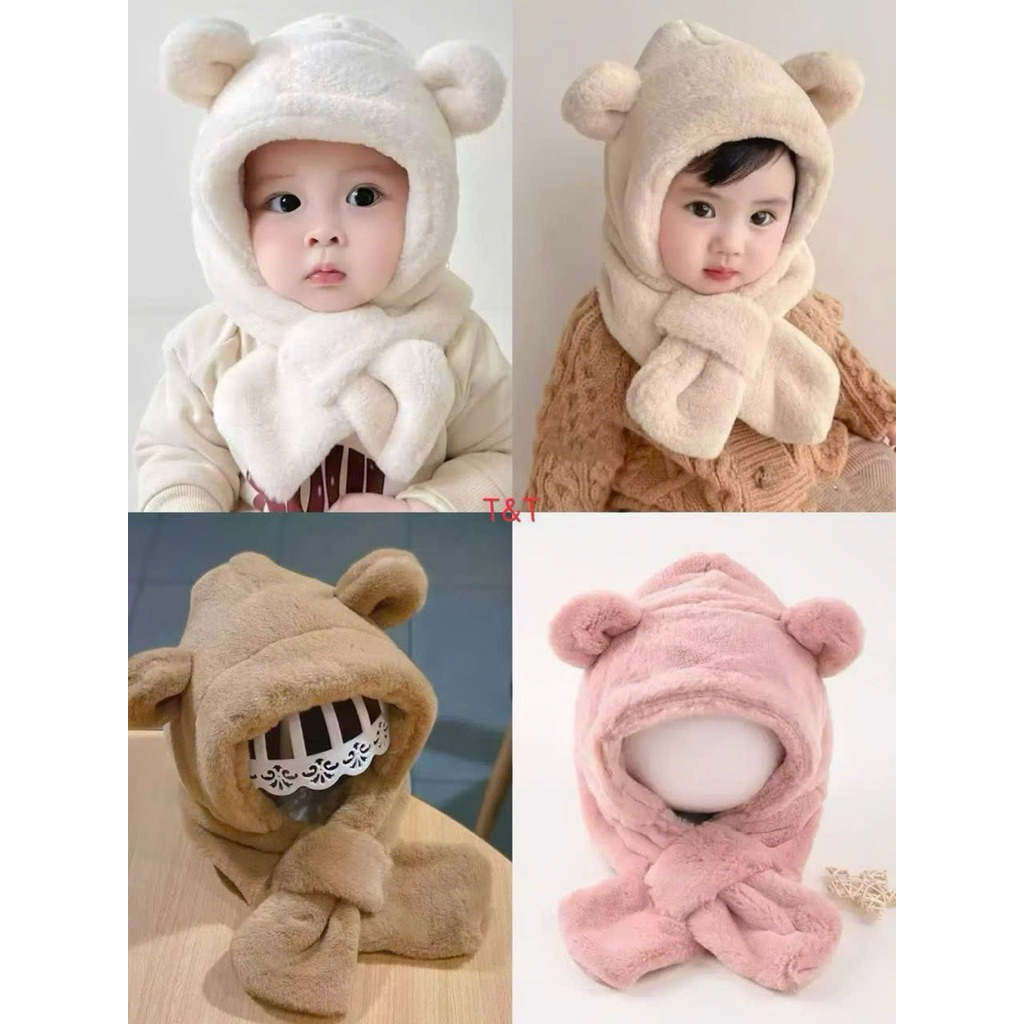 Mũ trùm đầu 2 in 1 gấu hoạ tiết đơn giản giữ ấm cho bé