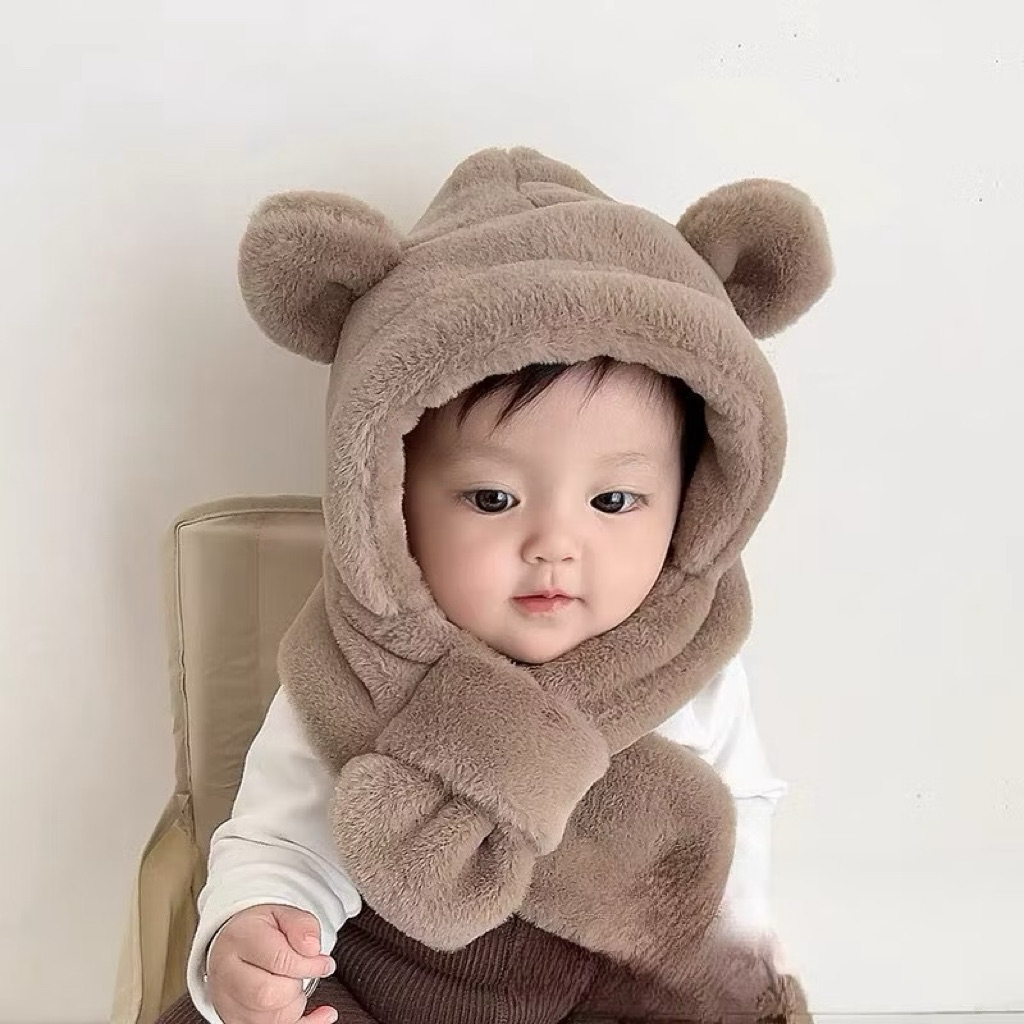 Mũ trùm đầu 2 in 1 gấu hoạ tiết đơn giản giữ ấm cho bé