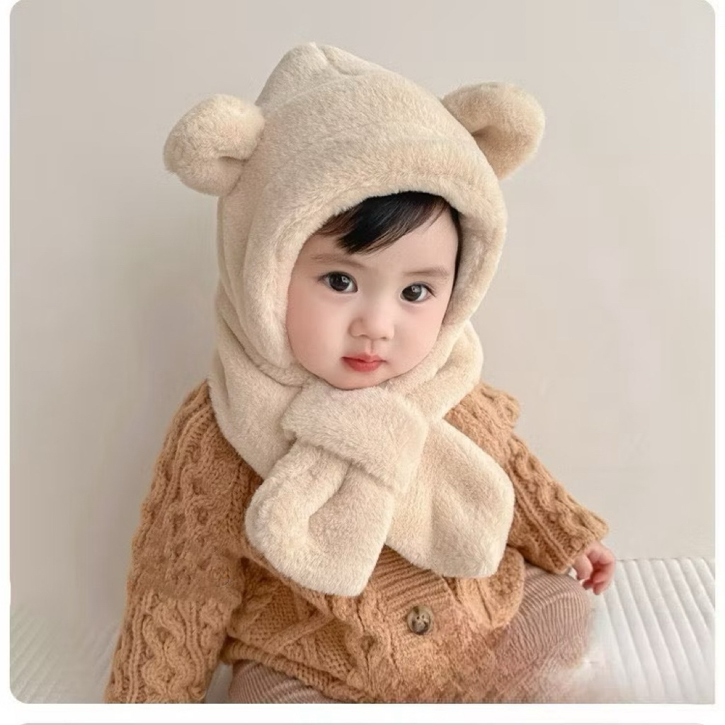 Mũ trùm đầu 2 in 1 gấu hoạ tiết đơn giản giữ ấm cho bé