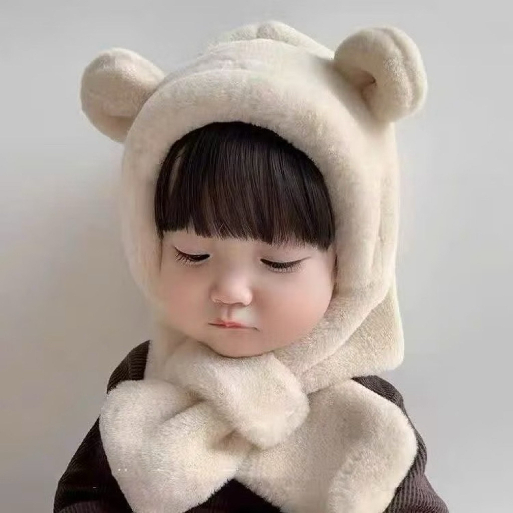 Mũ trùm đầu 2 in 1 gấu hoạ tiết đơn giản giữ ấm cho bé