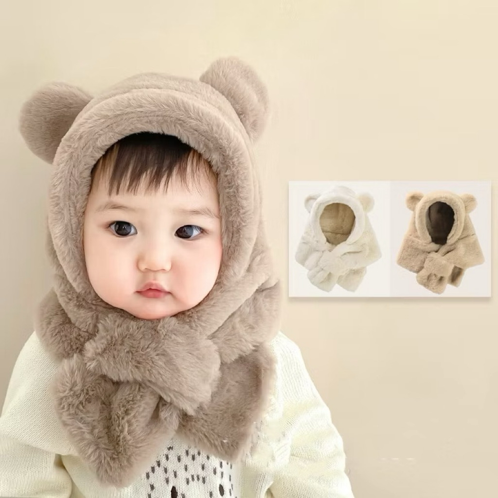 Mũ trùm đầu 2 in 1 gấu hoạ tiết đơn giản giữ ấm cho bé