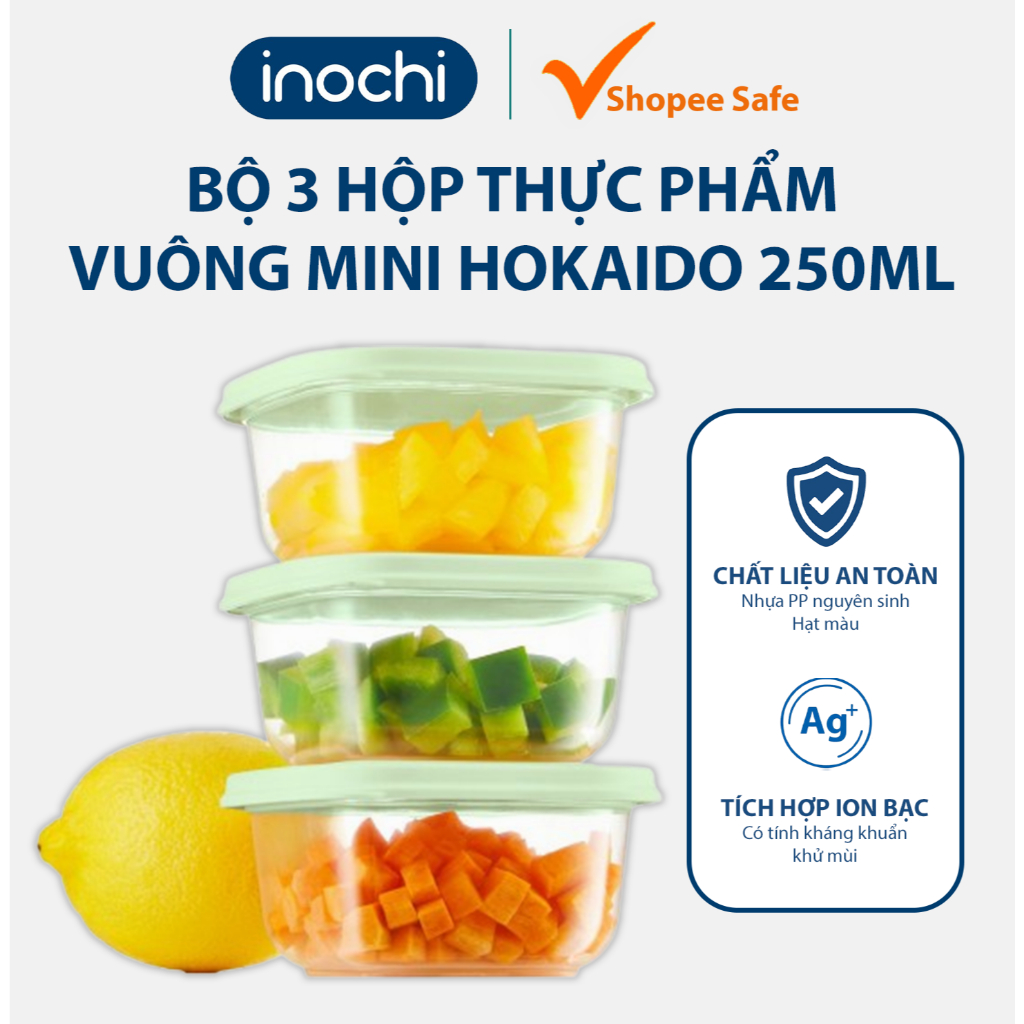 Bộ 3 hộp thực phẩm vuông mini Inochi Hokkaido 250ml nhựa an toàn kháng ...
