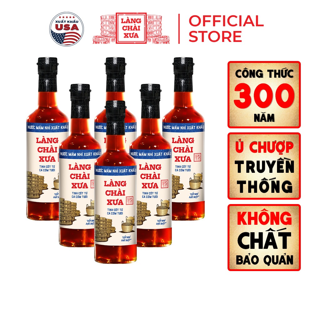 [Tặng Nước tương 125ml] Thùng 6 chai nước mắm nhỉ xuất khẩu Làng Chài Xưa nhãn xanh 500ml Vị Dịu Nhẹ