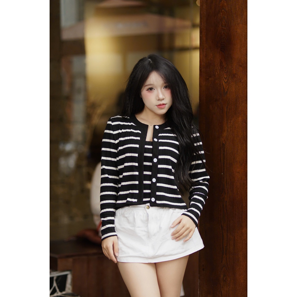 [SALE VUI 7.7]_DORY CHIC_ Set Cardigan giả cúc len dài tay kẻ mix áo quây mềm mịn CDG2