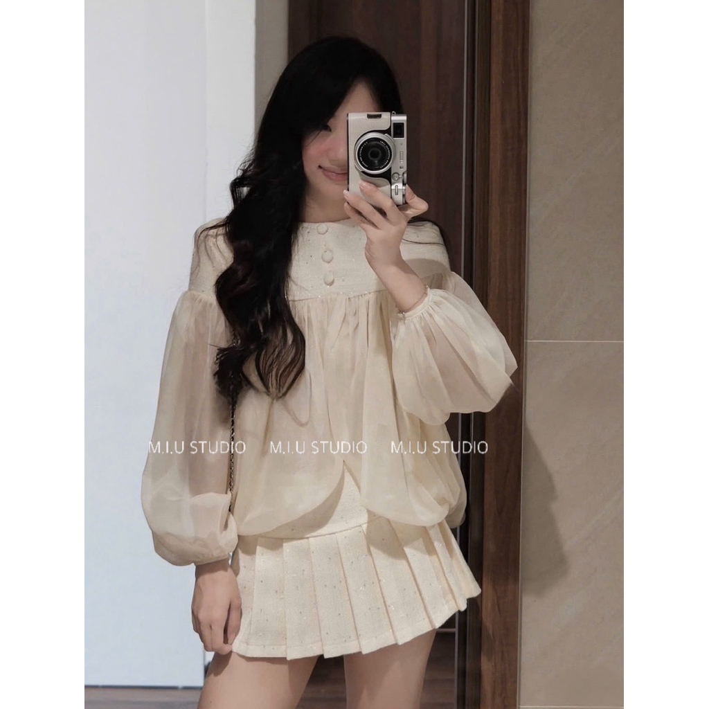 Set dạ ánh nhũ phối tơ cao cấp , Áo dạ tay bồng thiết kế pha tơ đính cúc bọc kèm chân váy xếp ly phong cách tiểu thư HQ