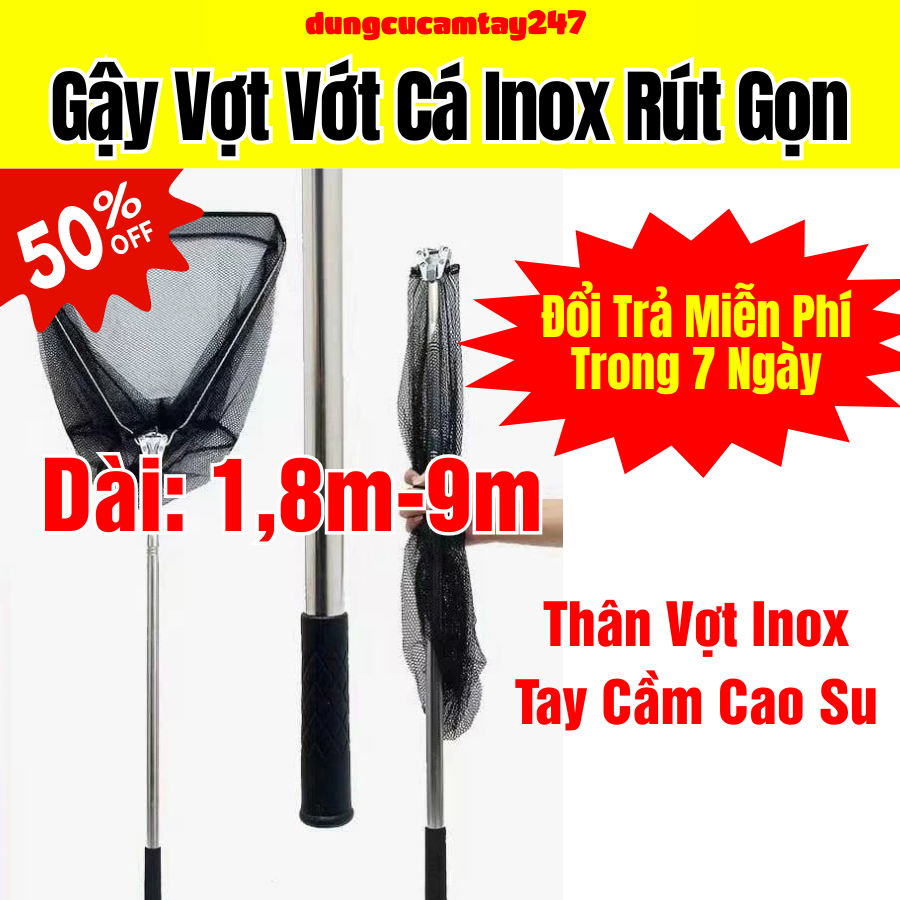 Gậy Vợt Vớt Cá Inox Tam Giác Liền Vành Gấp Gọn 1m8–3m | Vợt Vớt Cá Hồ ...
