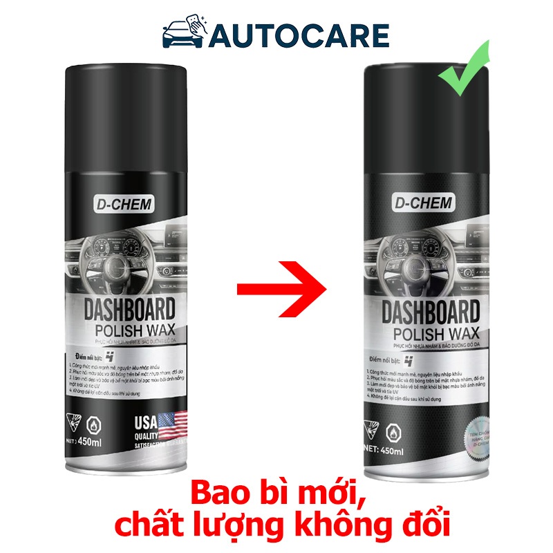 Chai Xịt Phục Hồi Nhựa Nhám, Đánh Bóng Đồ Da D-Chem 450ml - Dưỡng Bề Mặt Nhựa Nhám Ô Tô Xe Máy
