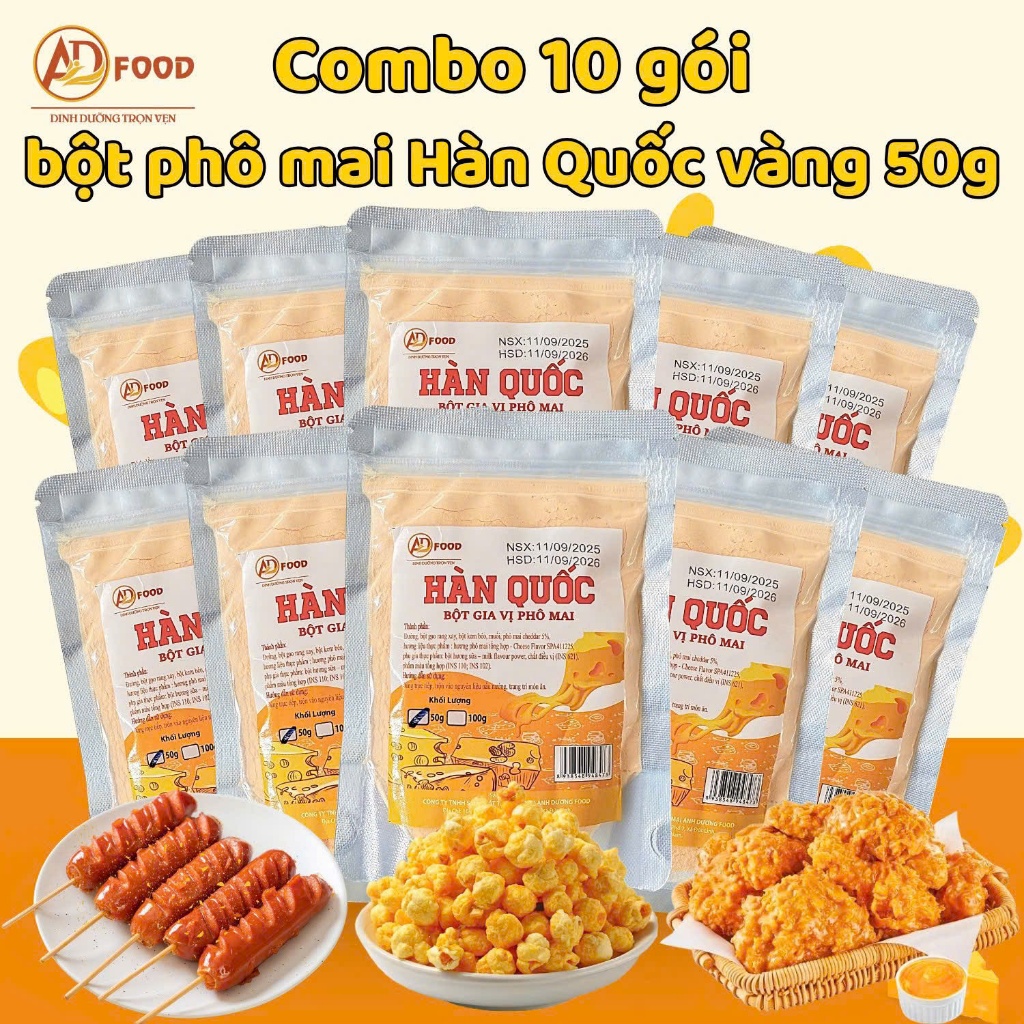 Combo 10 gói Bột phô mai Hàn Quốc Vàng 50g  ADFOOD – dùng làm gia vị cho các món chiên, snack và trang trí món ăn