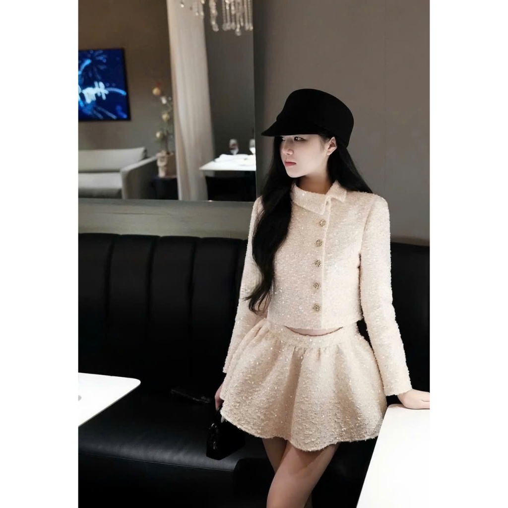 Set áo dạ tweed áo kèm chân váy lưng sau chun, cổ lệch đính cúc siêu xinh LABEL S50