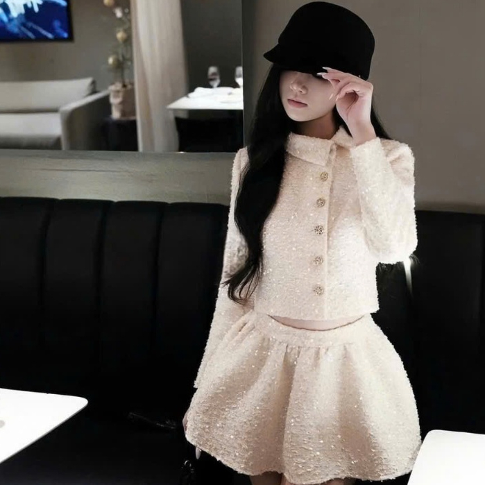 Set áo dạ tweed áo kèm chân váy lưng sau chun, cổ lệch đính cúc siêu xinh LABEL S50