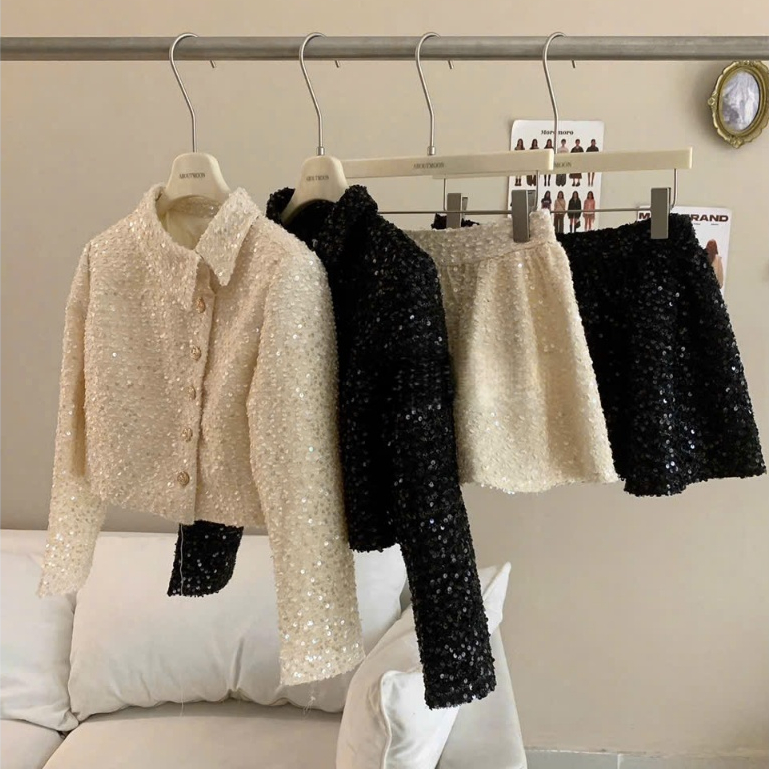 Set áo dạ tweed áo kèm chân váy lưng sau chun, cổ lệch đính cúc siêu xinh LABEL S50