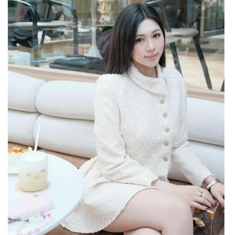 Set áo dạ tweed áo kèm chân váy lưng sau chun, cổ lệch đính cúc siêu xinh LABEL S50