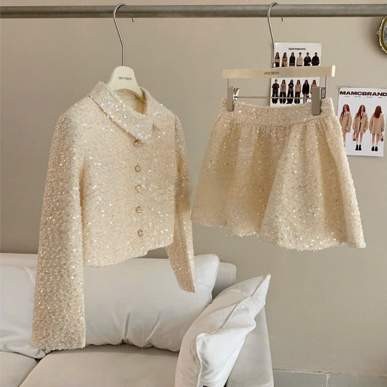Set áo dạ tweed áo kèm chân váy lưng sau chun, cổ lệch đính cúc siêu xinh LABEL S50