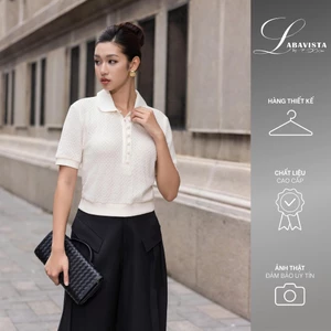 LABAVISTA Áo thun len dệt kim màu kem cổ polo thiết kế phối cúc trẻ trung