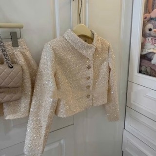 Set áo dạ tweed kèm chân váy xòe lưng sau chun cổ lệch siêu xinh LAVIAN S50