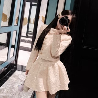 Set áo dạ tweed kèm chân váy xòe lưng sau chun cổ lệch siêu xinh LAVIAN S50