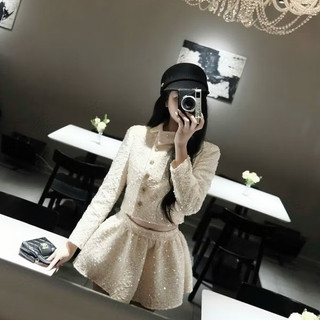 Set áo dạ tweed kèm chân váy xòe lưng sau chun cổ lệch siêu xinh LAVIAN S50