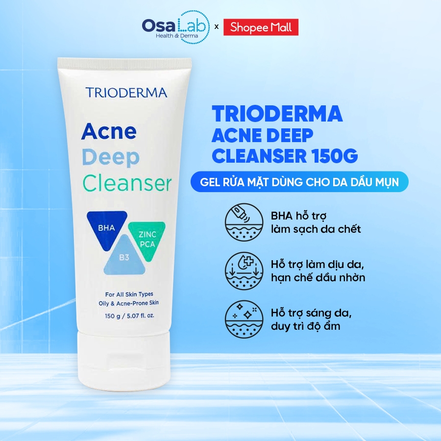 Gel rửa mặt Trioderma Acne Deep Cleanser 150g làm sạch sâu, kiểm soát dầu nhờn, dành cho da dầu mụn