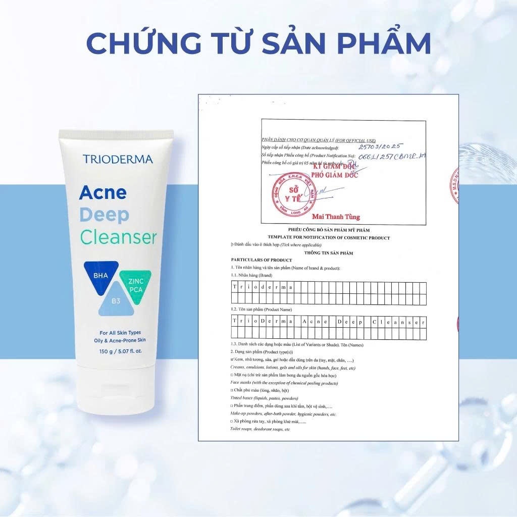 Gel rửa mặt Trioderma Acne Deep Cleanser 150g làm sạch sâu, kiểm soát dầu nhờn, dành cho da dầu mụn