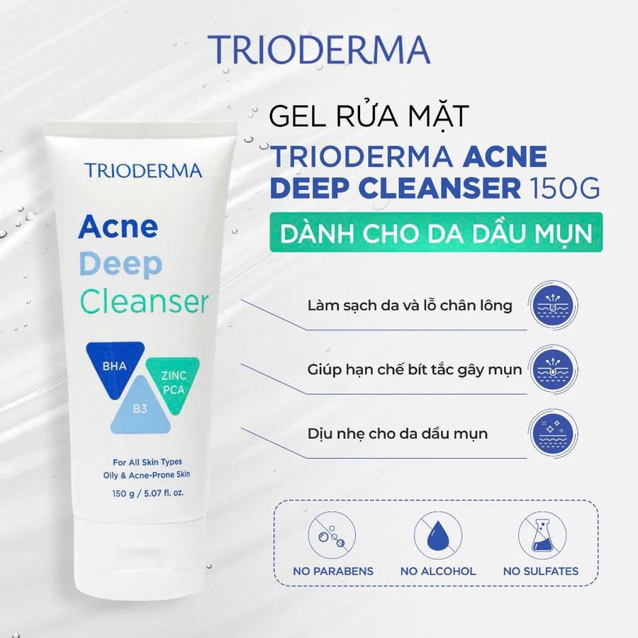 Gel rửa mặt Trioderma Acne Deep Cleanser 150g làm sạch sâu, kiểm soát dầu nhờn, dành cho da dầu mụn