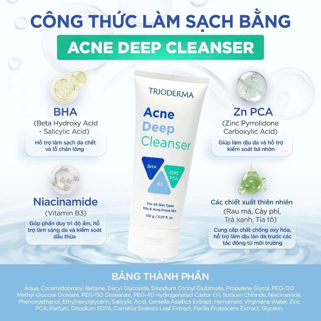 Gel rửa mặt Trioderma Acne Deep Cleanser 150g làm sạch sâu, kiểm soát dầu nhờn, dành cho da dầu mụn