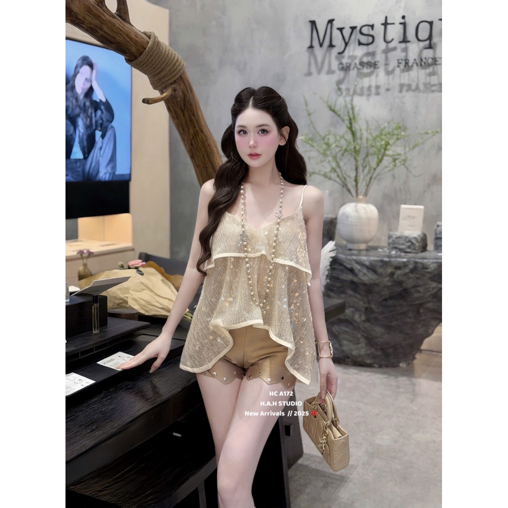 Set áo 2 dây lưới kim sa xoè quần sooc tafta đinh tán