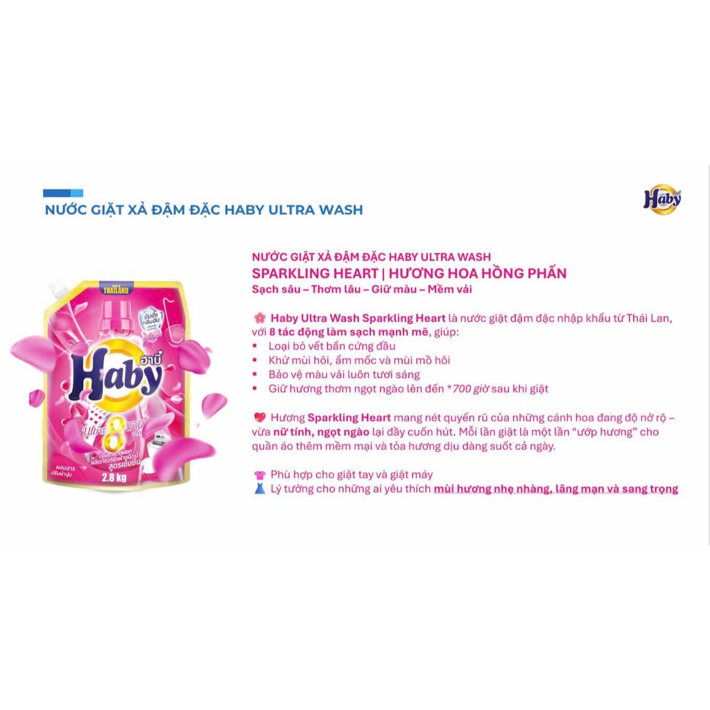 [Tặng nước xả 540ml] Nước giặt xả HABY 2.8kg - Đậm đặc- Siêu sạch & Mềm vải- Hàng nội địa Thái Lan.