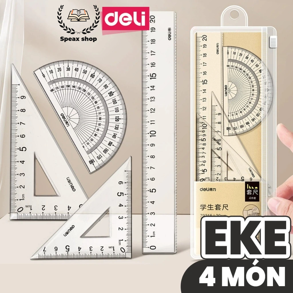 Bộ thước kẻ 4 món học sinh trong suốt dẻo chống gãy, dụng cụ vẽ hình môn Toán tiểu học
