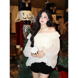 Áo babydoll trễ vai form bí tay dài vải voan nến cho nữ S133
