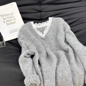 Áo len nữ cổ V phối ren xinh xắn – giữ ấm tốt – phong cách Hàn Quốc - size S-2XL