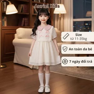 Váy Cho Bé Gái, Váy Thiết Kế Tiểu Thư Họa Tiết Nơ Thêu Chất Liệu Cotton Mềm Mại