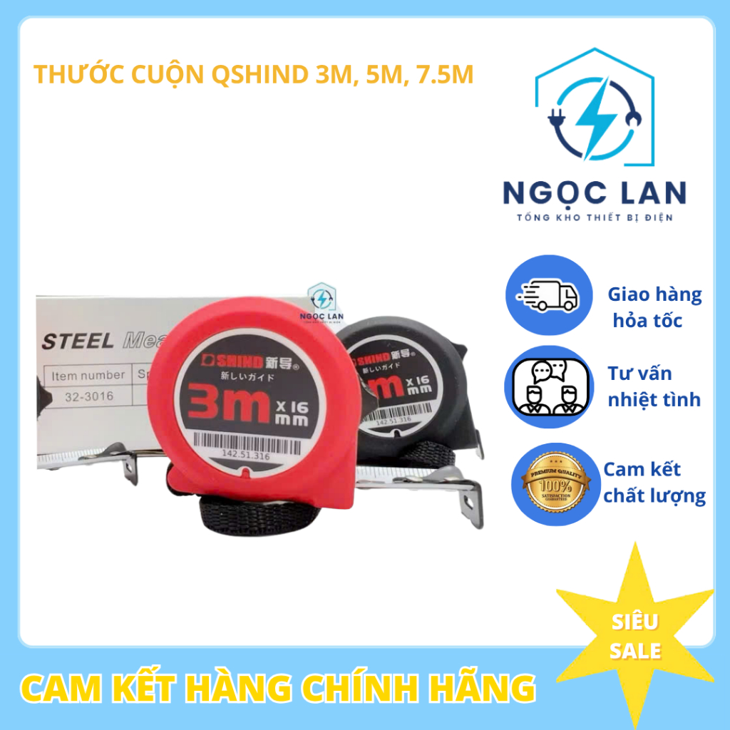 Thước Cuộn Qshind đỏ Shind phiên bản mới -Thước kéo 3m 5m 7.5m -Nhỏ gọn,lá thước dày-Chuẩn xuất Nhật