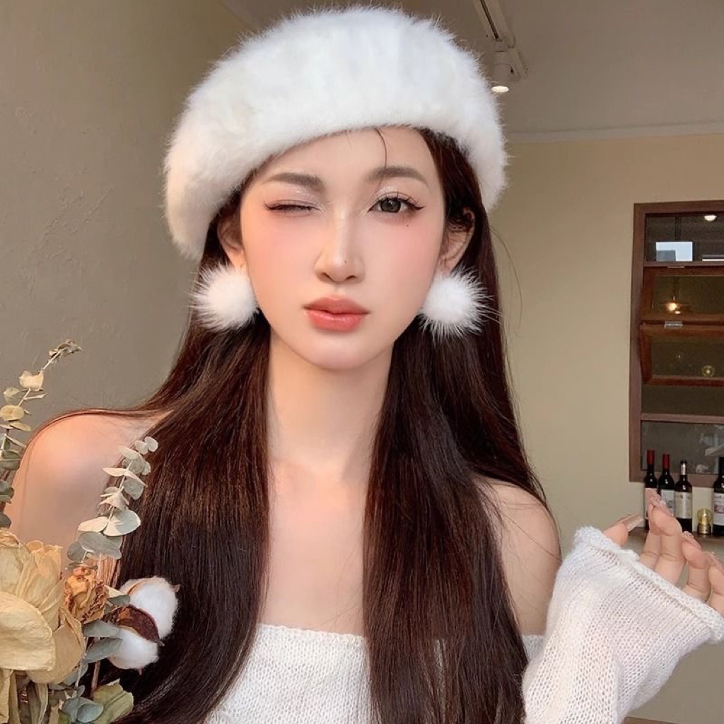 Mũ lông nữ trắng trơn phong cách công chúa – dễ phối đồ – giữ ấm xinh xắn
