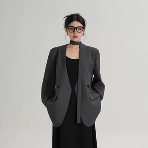 Áo khoác veest blazer nữ không cổ kèm dây buộc – phong cách Hàn Quốc – màu Đen/Ghi – Size S/M/L
