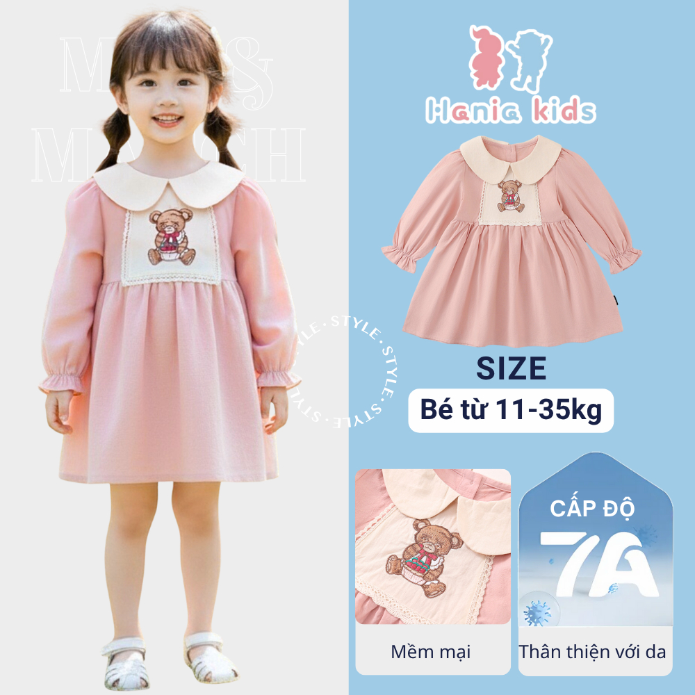 Váy Cho Bé Gái, Váy Babydoll Tay Dài Phối Cổ Sen Ống Tay Nhún In Họa Tiết Chất Vải Mềm Mại