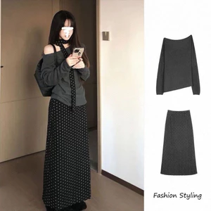 -Set áo len + váy dài chấm bi kèm dây quàng cổ tiểu thư– Size S-2XL