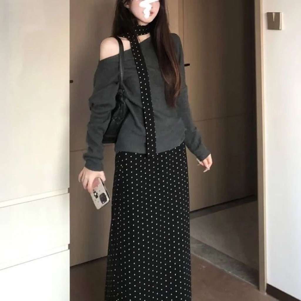 [ẢNH THẬT+VIDEO]-Set áo len + váy dài chấm bi kèm dây quàng cổ tiểu thư– Size S-2XL