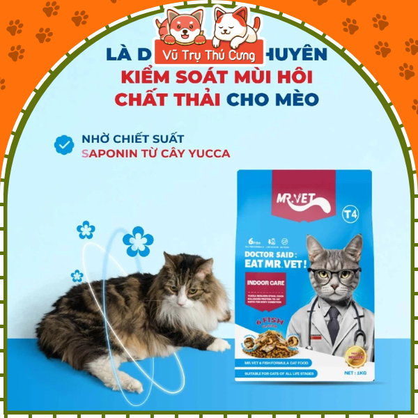 (1kg T4) Hạt Cho Mèo Mr.Vet T4 Topping 6 Loại Cá Giảm Mùi Hôi Chất Thải, Dành Cho Mèo Nuôi Trong Nhà
