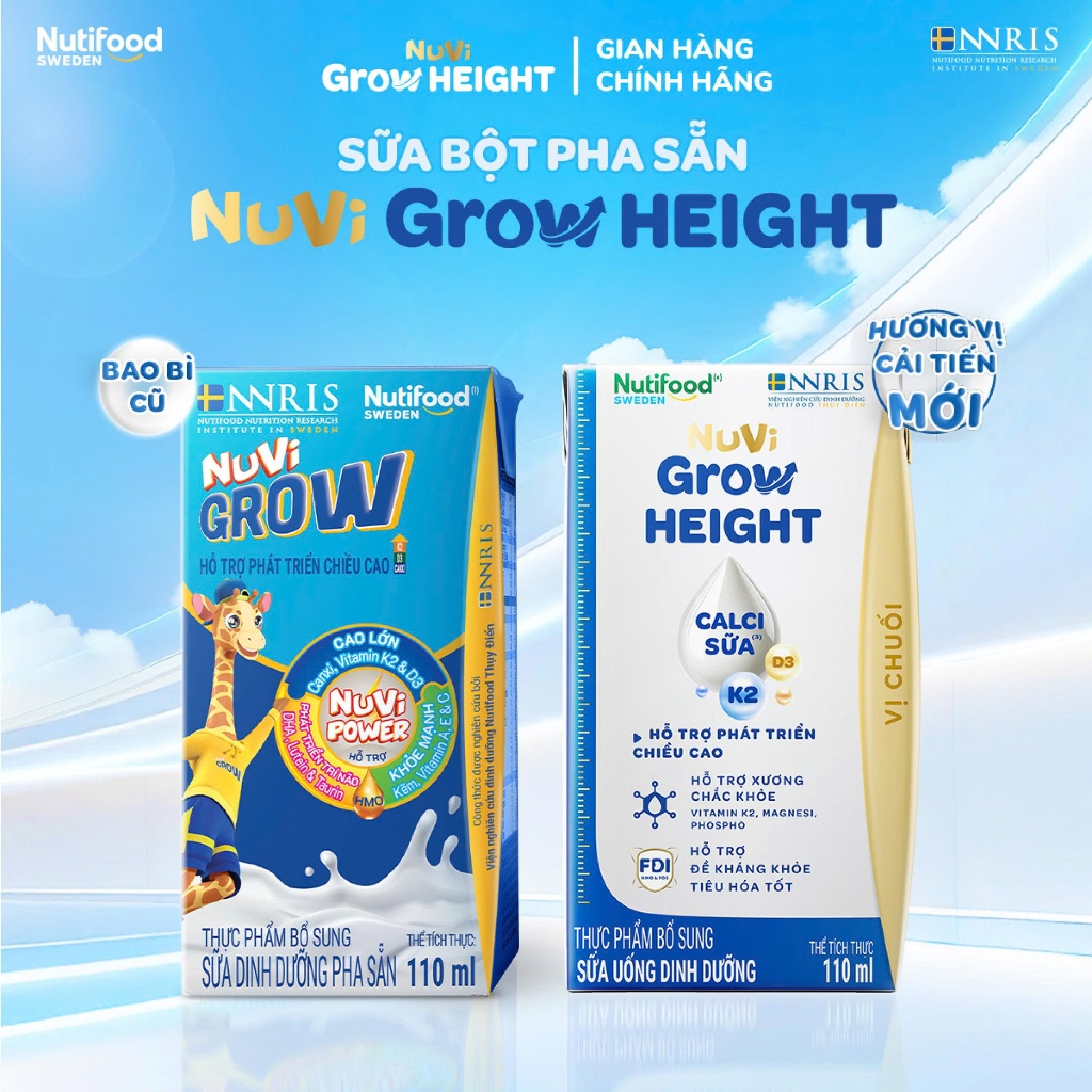 Thùng 24 hộp SBPS Nuvi Grow Height vị chuối 1+ hỗ trợ phát triển chiều cao hộp 110ml