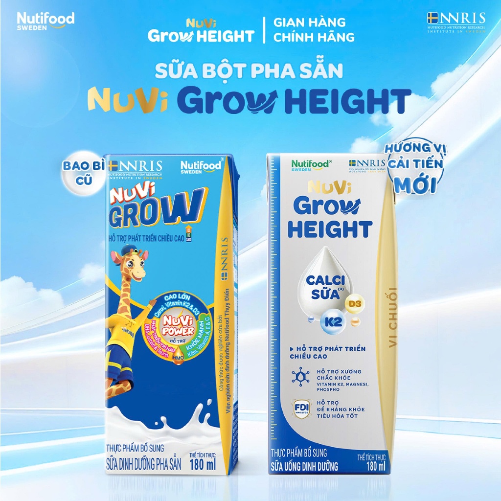 Thùng 24 hộp SBPS Nuvi Grow Height vị chuối 1+ hỗ trợ phát triển chiều cao hộp 180ml