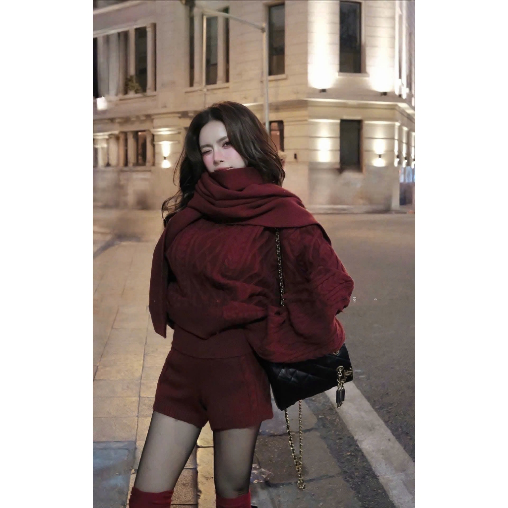 Set Len Nữ 3 Chi Tiết Gồm Áo Len Thừng Dáng Rộng + Quần Sooc + Khăn Len ...