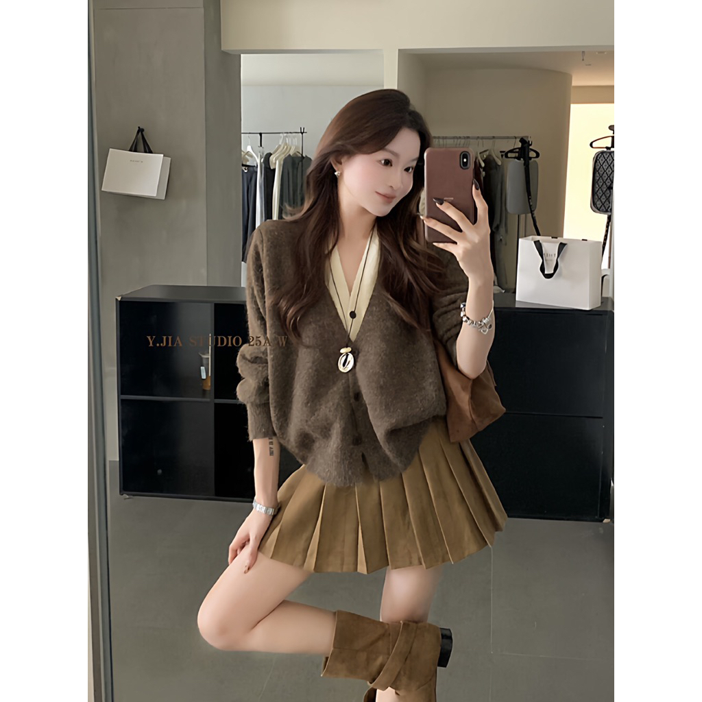 Áo len cardigan CDG nữ – Màu Nâu/Xám – Size S-XL