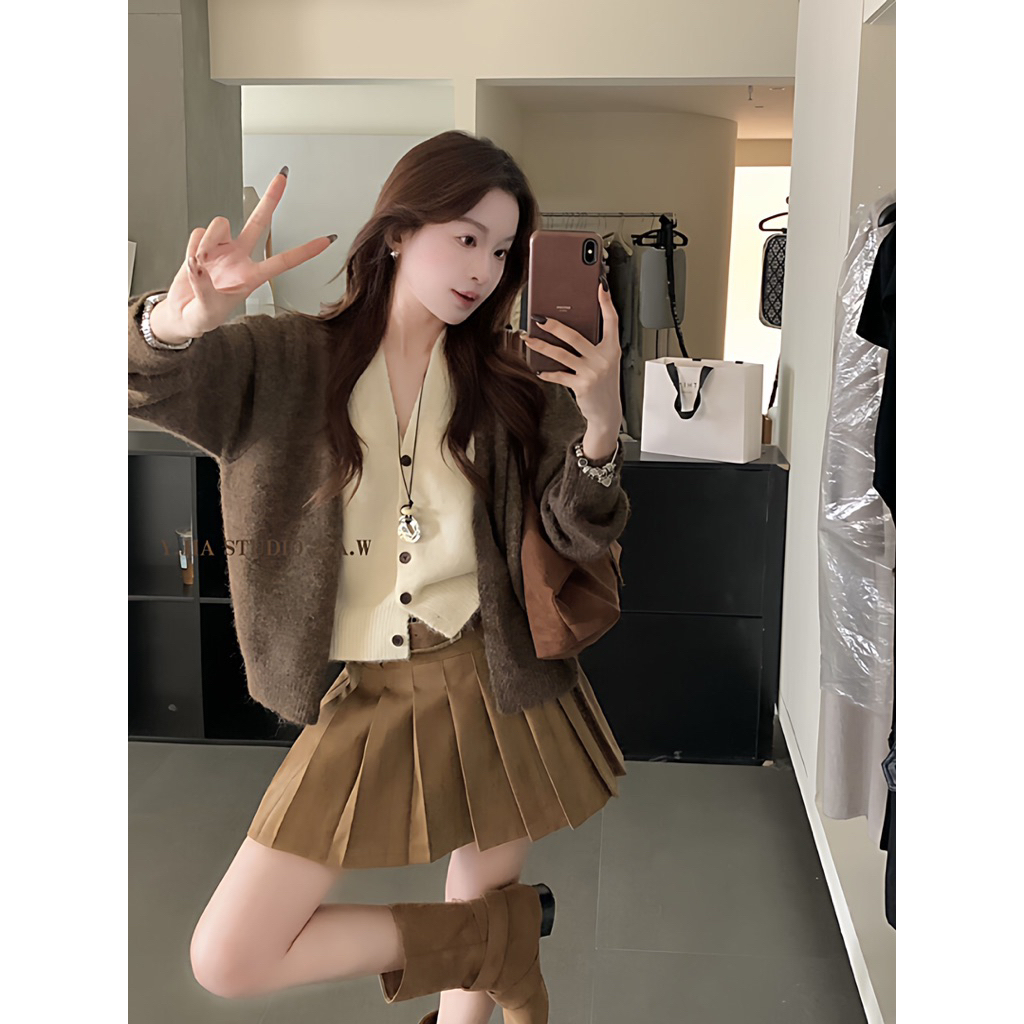 Áo len cardigan CDG nữ – Màu Nâu/Xám – Size S-XL
