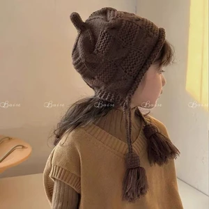 Mũ len trẻ em dệt tay có dây buộc tai tua rua giữ ấm mùa đông phong cách Hàn Quốc cho bé trai bé gái