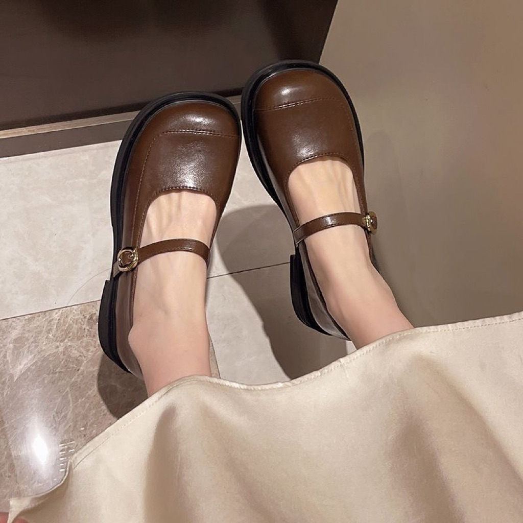 Giày Mary Jane nữ da mềm – Nâu/Đen – Size 35-40