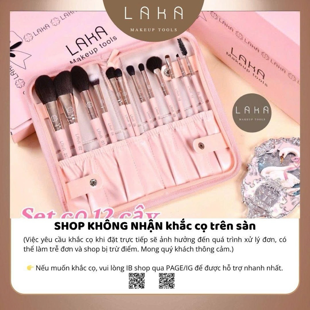 Bộ Cọ Trang Điểm Cá Nhân LAKA 12 Cây Màu Hồng - Lông Siêu Mềm