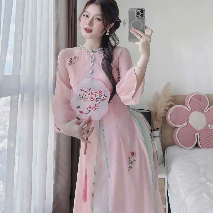 Set áo dài, set thiết kế áo dài cách tân Tết Voan thêu hoa nút bọc cổ đan dây mix quần suông