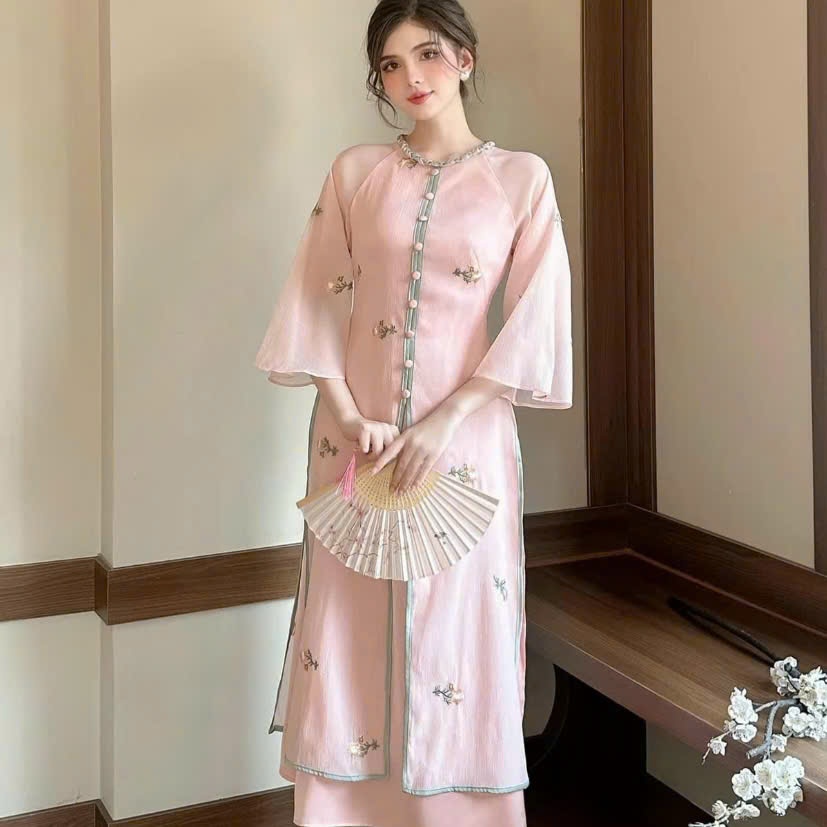 Set áo dài, set thiết kế áo dài cách tân Tết Voan thêu hoa nút bọc cổ đan dây mix quần suông